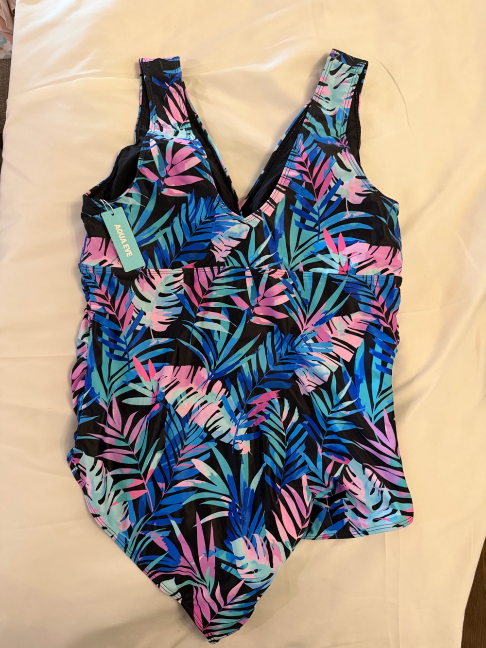 Plus Size Tropical Leaf V-Neck One-Piece Swimsuit - Blue Multi - Picture 3 of 3